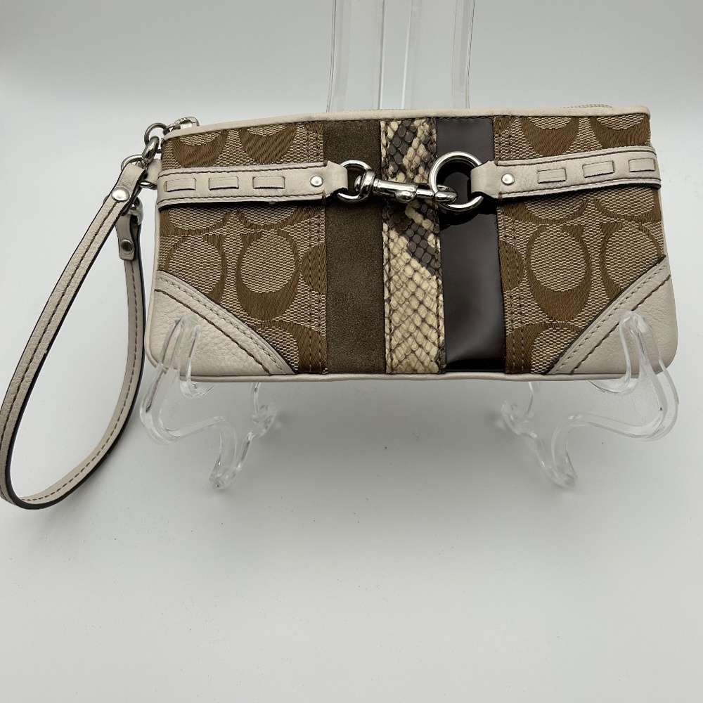 Coach Wristlet Brown Jacquard Monogram Snakeskin Cream Leather EUC